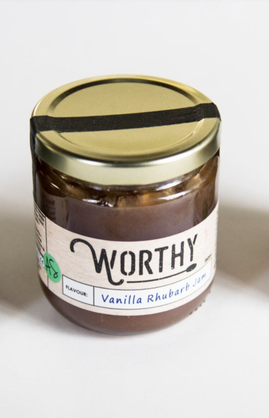 a sealed Worthy's Vanilla Rhubarb jam jar.