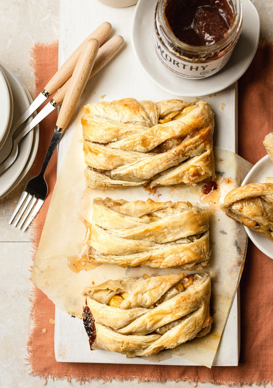 Sliced apple strudel and a strawberry-cardamom filling made with Worthy's Strawberry Cardamom jam.