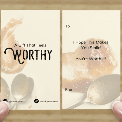 Worthy jams greeting card that reads "A gift that feels Worthy" on the front and "I hope this makes you smile" on the back of the card.